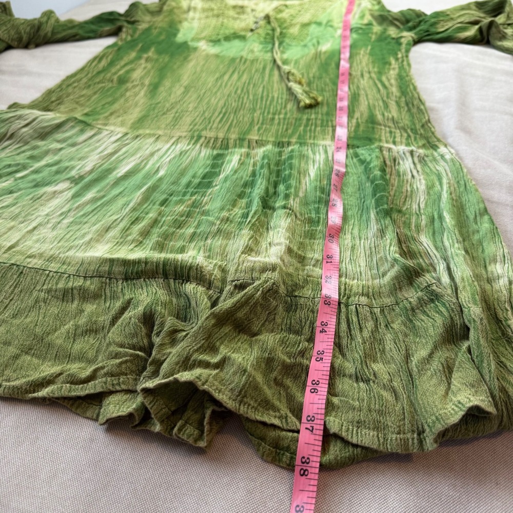 M/L Green Tie Dye Boho Crochet Lace Tassel Midi Dress Lagenlook Fairy Flowy Tier - Picture 7 of 7
